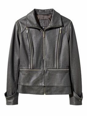 MERTILLO Black Leather Italian Moto Jacket Removable Sleeves Peplum Size M